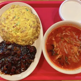 jajangmyeon rice: the egg adds lots of credit. The soup is spicy and tasty