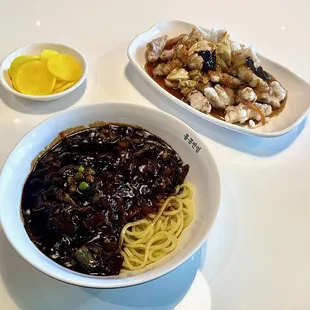 Jjajangmyun Noodle, Tangsuyuk and Takuan radish