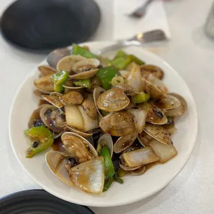 a plate of clams on a table