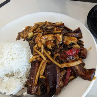 Eggplant In Spicy Sauce Over Rice