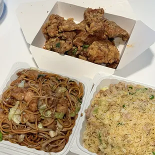 Lo mein, salt and pepper pork chop, salted fish &amp; chicken fried rice