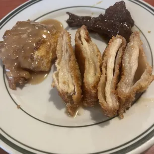 Veggie egg goo young, pepper steak and peanut butter chicken.