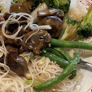 Rice noodle dish, pork with mushrooms, pepper chicken and chicken and broccoli over white rice.  Everything was delicious!
