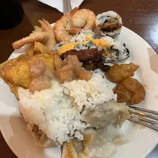 Shrimp, sushi, 2 types of chicken, rice, potstickers, crab rangoons