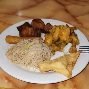 Mei Fun, Cheese Stick, Bourbon Chicken, Butter Chicken And Crab Rangoon.