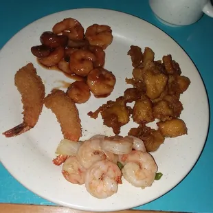 Breaded Shrimp, Shrimp and Vegetables, Butter Chicken and Five Spice Shrimp.