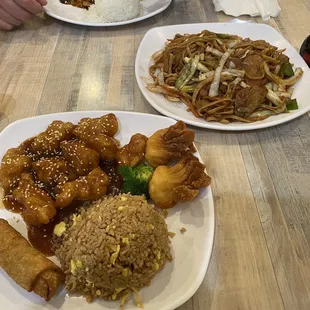 Sesame chicken and BBQ pork lo mein