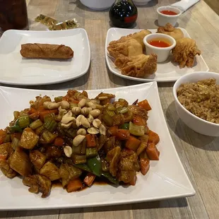 Kung Pao Chicken, fried rice, chicken egg roll and crab rangoons. The rangoons are HUGE and you get 6 of them!!