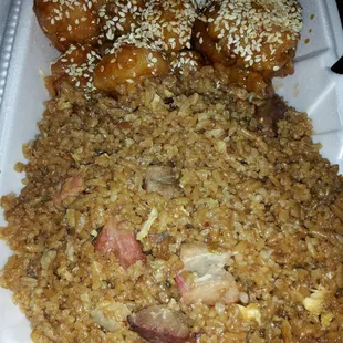 Pork fried rice and sesame chicken. Lots of it... wish it were better.