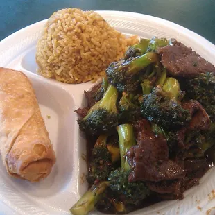 Beef with Broccoli, Fried Rice and Egg Roll