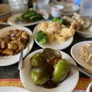 Chong fun, shrimp taro, and up front is this shrimp stuffed green peppers dish. All three of these dishes are excellent!