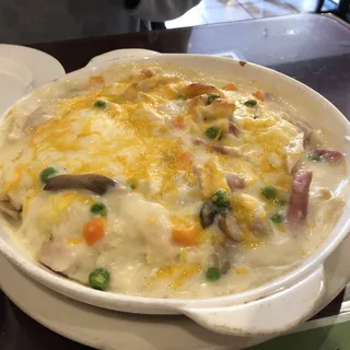 Baked Shredded Chicken and Ham over Rice or Spaghetti/