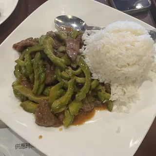 Beef with Bitter Melon Over Rice/