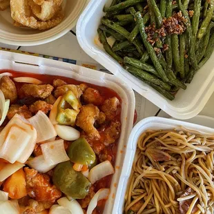 Sweet and sour fried chicken, string beans, and bbq pork chow mein