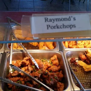 Raymond's pork chops. Deep fried, salty, seasoned goodness.