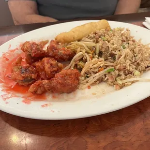 Orange chicken, fried rice and chow mein