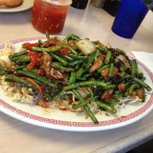 Long bean chicken over pan fried noodles