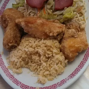 Pork chow mein, fried chicken, and fried rice combination