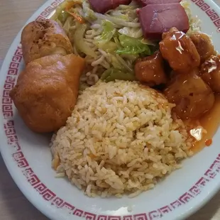 Fried rice, pork chow mein, egg roll, and sweet and sour pork