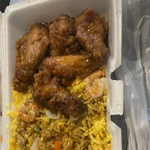 Shrimp fried rice &amp; teriyaki wings.