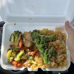 a hand holding a styrofoam container