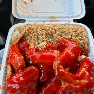 a takeout container of food