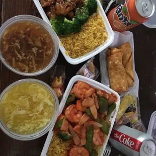 Sesame Chicken and Szechuan Shrimp lunch combos with fried rice and egg rolls, as well as hot &amp; sour and egg drop soup