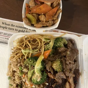 3 item combo: veggie lo-mein/fried rice + Broccoli beef, teriyaki chicken, kung-pao chicken