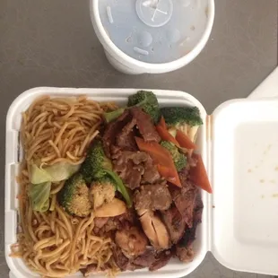 Combination of 2 plates plus rice or spaghetti and soda for less then 7 dollars and it's delicious!