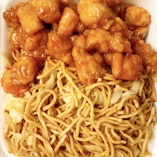 Orange Chicken and Chow Mein noodles