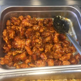Orange chicken.  Very nice and popular! Fresh!
