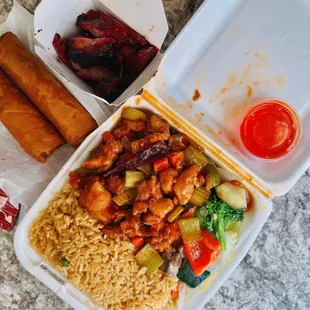 3-item combo w/ kung pao chicken, BBQ pork &amp; vegetables + 2 egg rolls / $17ish