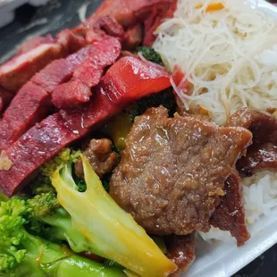 Beef and broccoli, BBQ pork, steamed rice and rice noodle