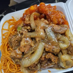Pepper chicken, orange chicken, chow mein and steamed rice