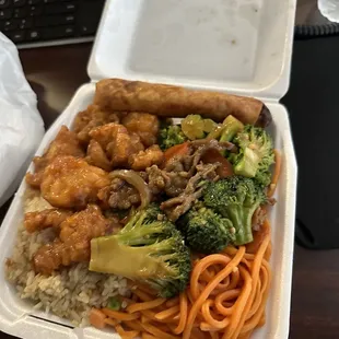 Orange chicken chow mein beef broccoli and rice