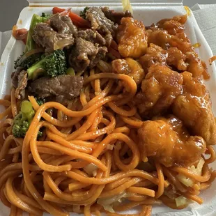Chow Mein, Orange Chicken &amp; broccoli &amp; beef