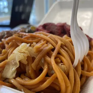 a plate of noodles and meat