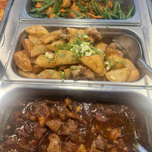 Black pepper pork ribs, potato chicken and String beans with chicken.