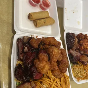 My combo b plate with half&amp;half, orange chicken, Bbq Pork Or Rib and Hong Kong Egg Rolls with sweet and sour