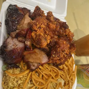 Hubbys combo b plate. Half&amp;half with spicy boneless chicken and Bbq Pork Or Rib