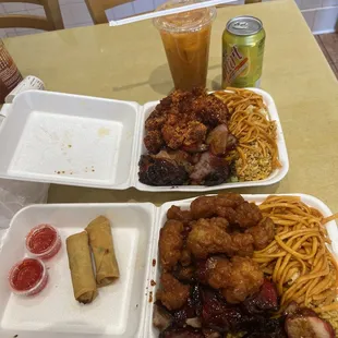 Orange Chicken, Bbq Pork Or Rib, spicy boneless chicken with Hong Kong Egg Roll + sweet&amp;sour and of course his squirt and my Thai tea