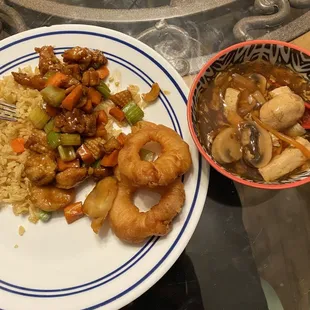 E17. Chicken with Cashew Nuts, #13. Hot and Sour Soup, S8. Sweet and Sour Shrimp, and fried rice