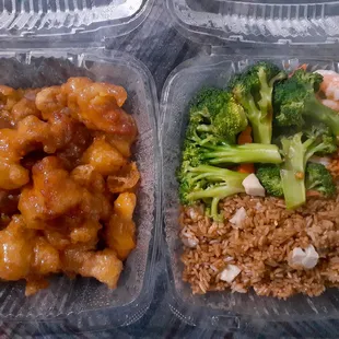 Orange chicken ($8.95)  Broccoli Prawns w/ chicken fried rice ($10.95)