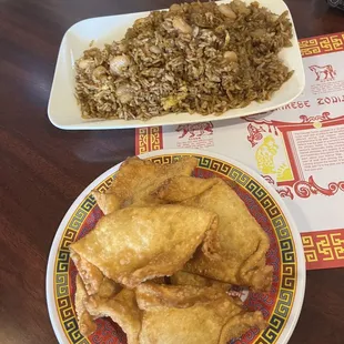 Small shrimp fried rice and crab Rangoon