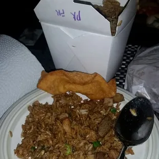 Large pork fried rice and order of crab rangoons. Highly recommend.