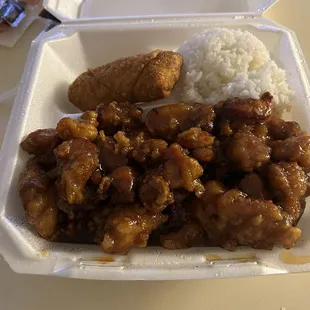 chicken and rice in a styrofoam container