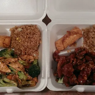 Chicken &amp; Broccoli and General Tso Chicken combinations with fried rice.