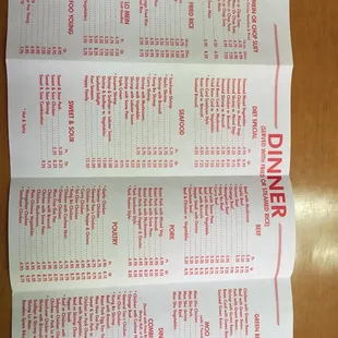 Clear updated dinner menu