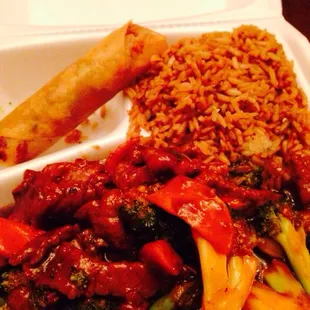 Daily Special - Hunan beef with Spring Roll and Fried Rice. (To Go)