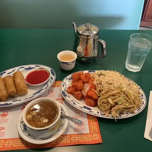Lunch special  Sweet and Sour Pork Chicken Chow Main, Pork fried rice, &amp; Egg Rolls  with Hot tea